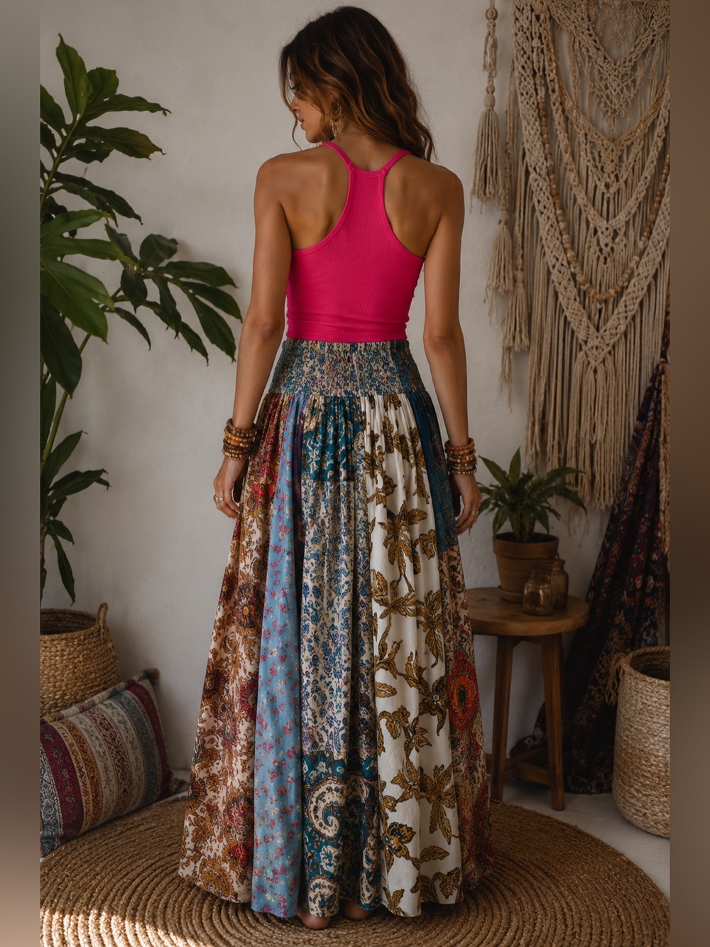 POL Patchwork Wide-Leg Boho Pants in Hot Pink & Multicolor - Picture 4 of 6